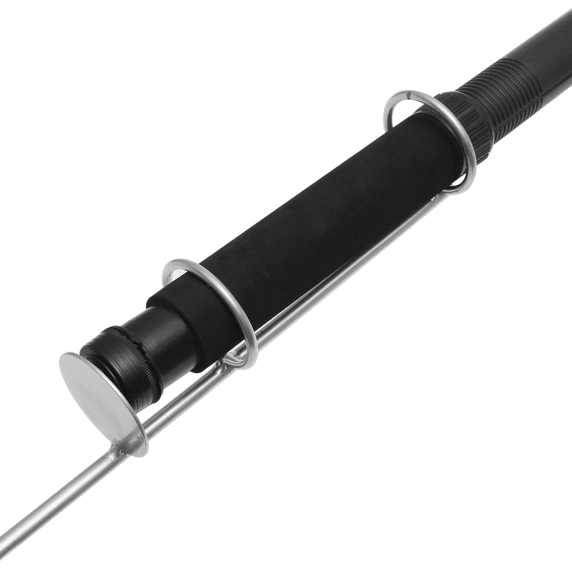 White LED fishing rod light with telescopic pole extended, showing remote control and connection cables