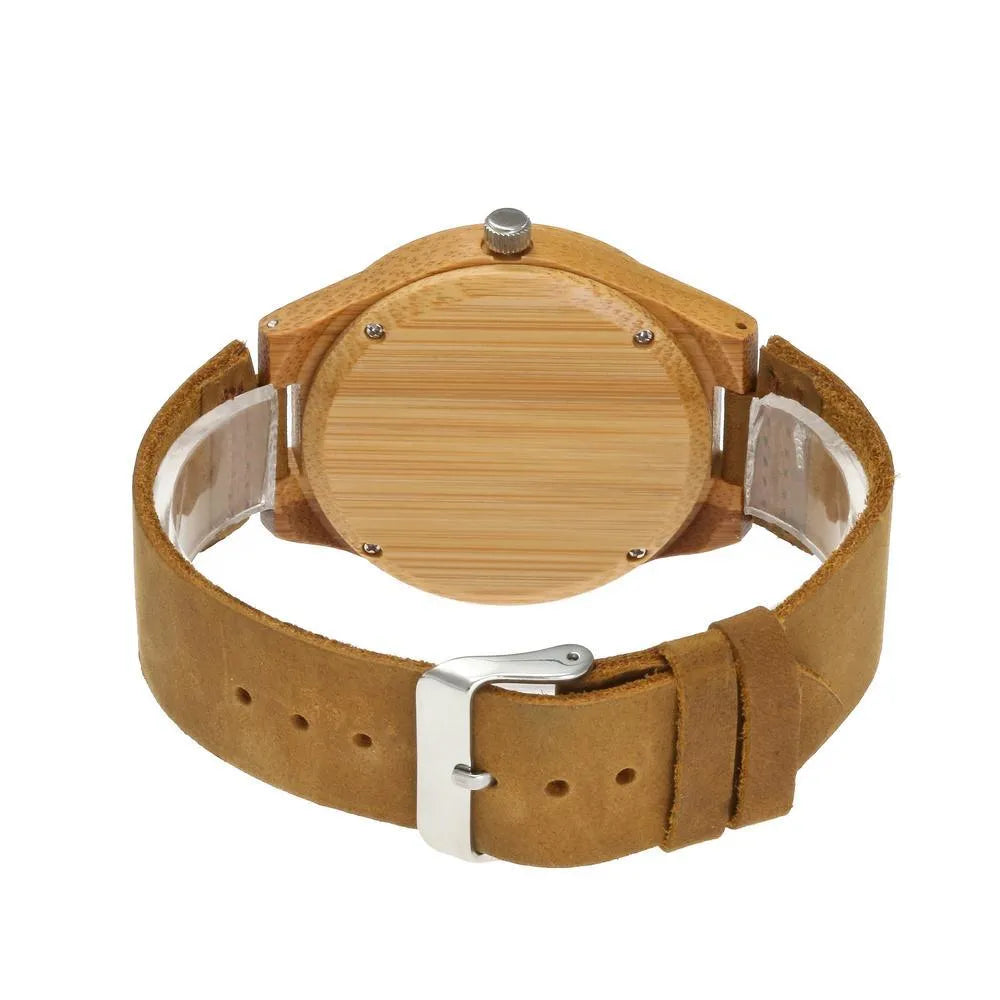 Couples wooden watch with bamboo case, leather strap, round 45mm dial, and mineral glass face
