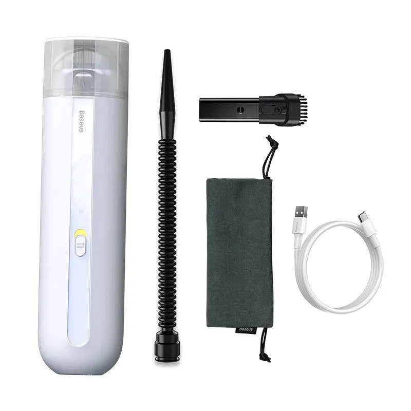 Wireless handheld car vacuum cleaner with blowing hose and HEPA filter.