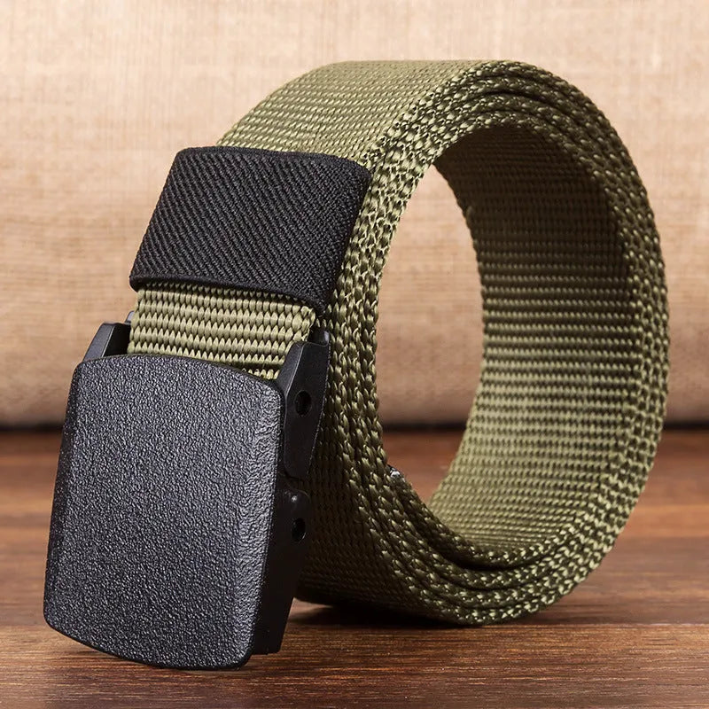 Men's hypoallergenic woven canvas belt with plastic square buckle in green, khaki, and camouflage colours