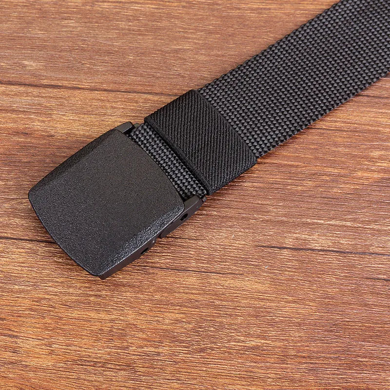Men's hypoallergenic woven canvas belt with plastic square buckle in green, khaki, and camouflage colours