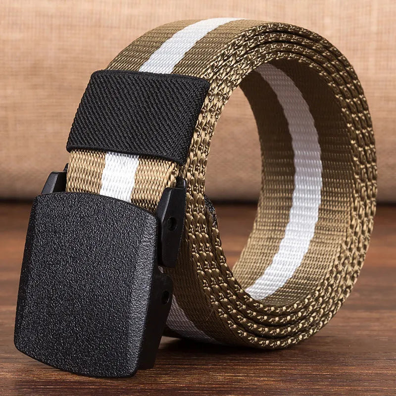 Men's hypoallergenic woven canvas belt with plastic square buckle in green, khaki, and camouflage colours