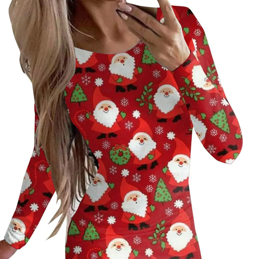 Christmas printed dress with animal pattern design showing narrow fit and hip skirt styling