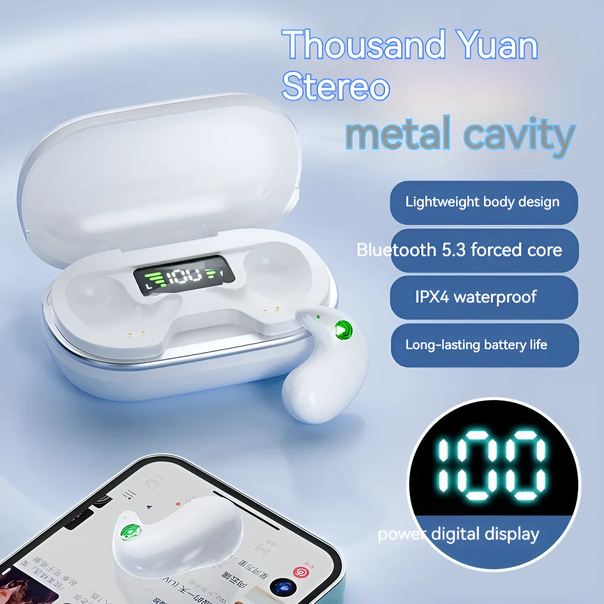 Wireless Bluetooth sleep headset earplugs in black or white with charging bin and digital display
