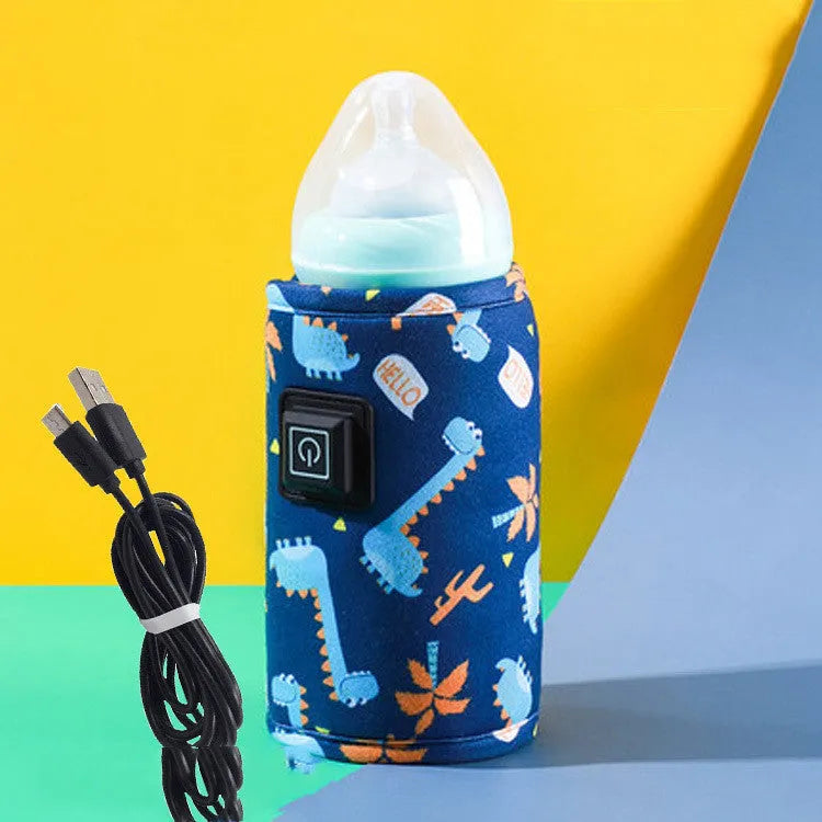 USB-powered portable baby bottle warmer bag in blue dinosaur cartoon print.