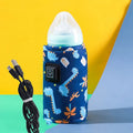 USB-powered portable baby bottle warmer bag in blue dinosaur cartoon print.