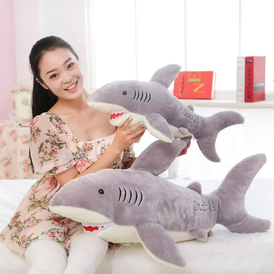 70cm grey shark plush toy with short plush fabric and PP cotton filling, shown against a neutral background