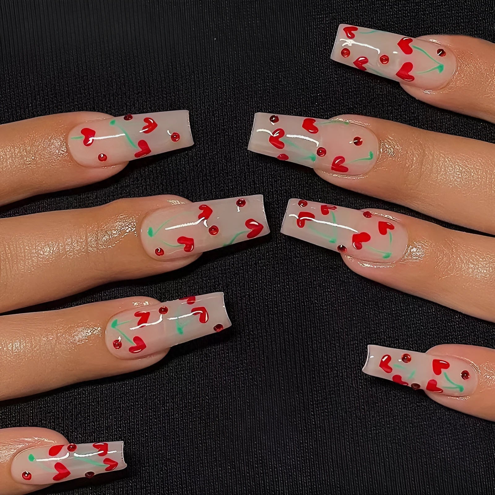 French Love Red Diamond nail art stickers with small cherry patterns in JP1601 colour, showing armour sheets and adhesive tube
