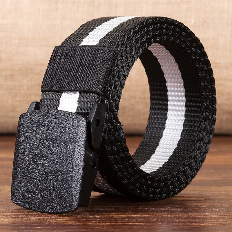 Men's hypoallergenic woven canvas belt with plastic square buckle in green, khaki, and camouflage colours