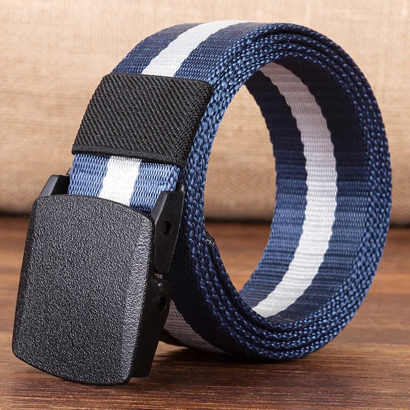 Men's hypoallergenic woven canvas belt with plastic square buckle in green, khaki, and camouflage colours