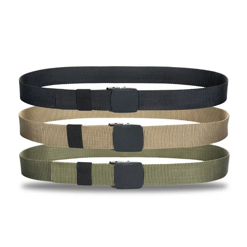 Men's hypoallergenic woven canvas belt with plastic square buckle in green, khaki, and camouflage colours