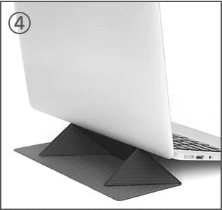 Blue foldable laptop cooling bracket with anti-slip surface shown open next to a closed laptop