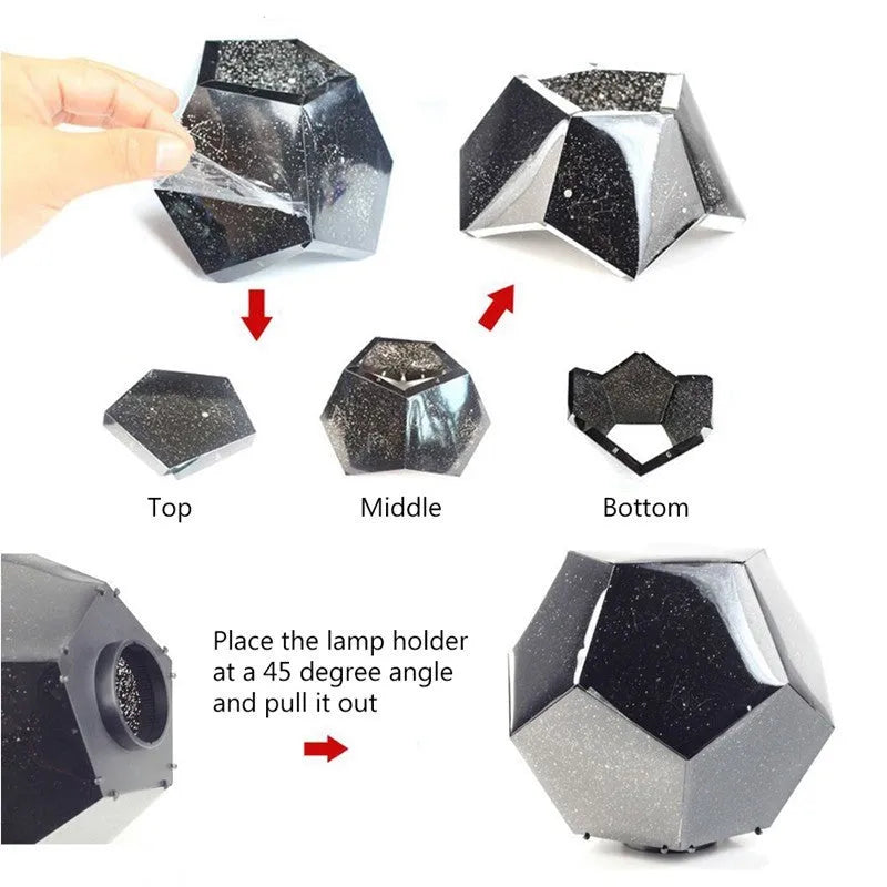 LED starry sky projector showing constellation patterns on bedroom ceiling with remote control