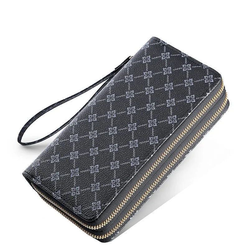 Black PU leather long wallet clutch with mobile phone compartment and zip coin purse