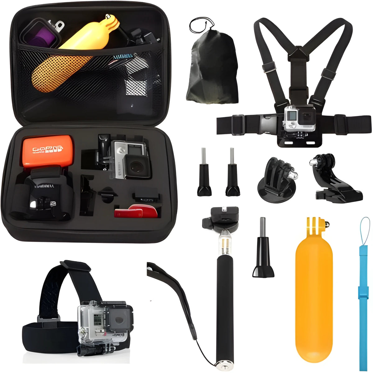 Black sports camera accessories set for action camera mounting and hands-free filming