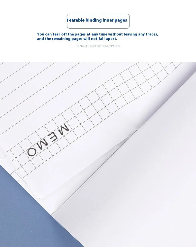 A4 tearable notebook with grid paper and wireless adhesive binding, shown in ivory white.