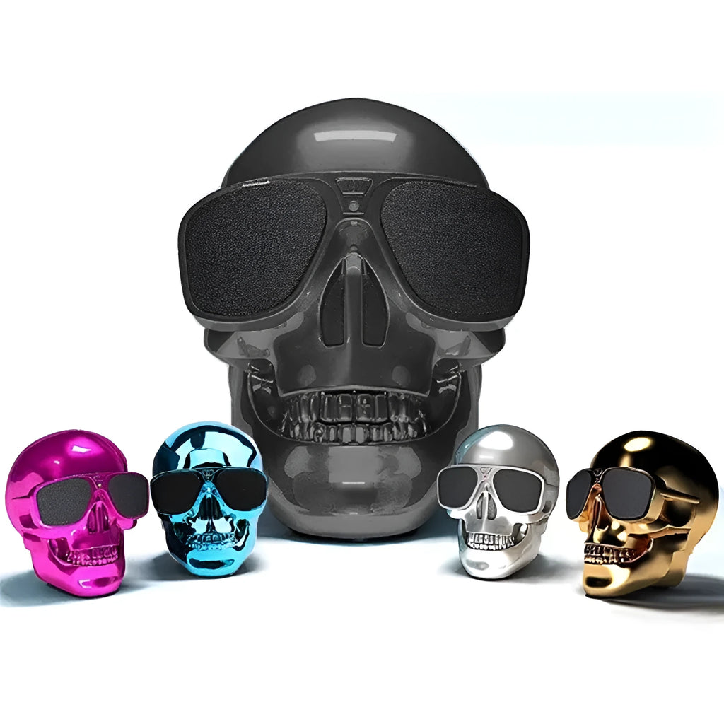 Limited edition skull design wireless Bluetooth speaker showing colour options and compact portable dimensions