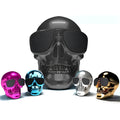 Limited edition skull design wireless Bluetooth speaker showing colour options and compact portable dimensions