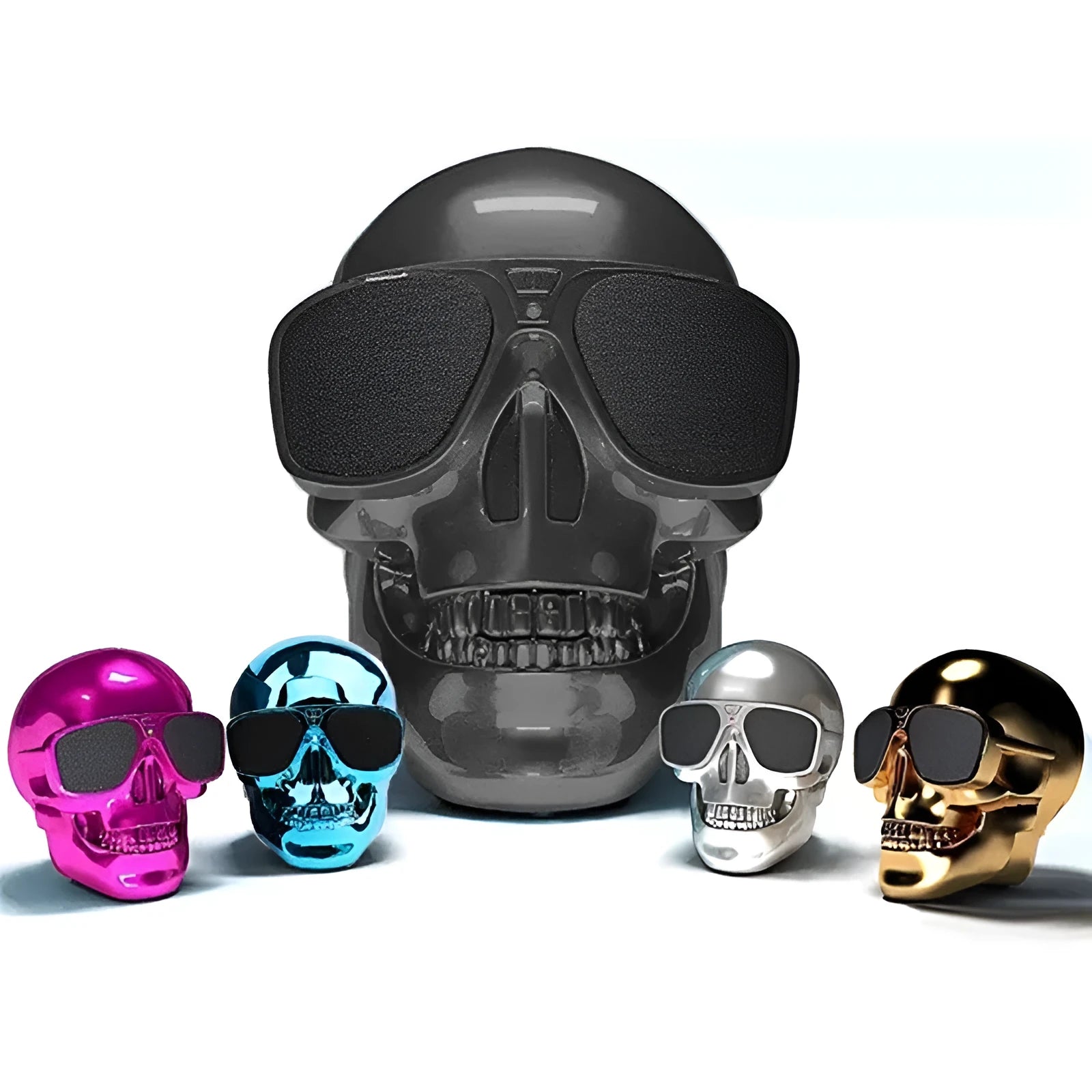 Limited edition skull design wireless Bluetooth speaker showing colour options and compact portable dimensions