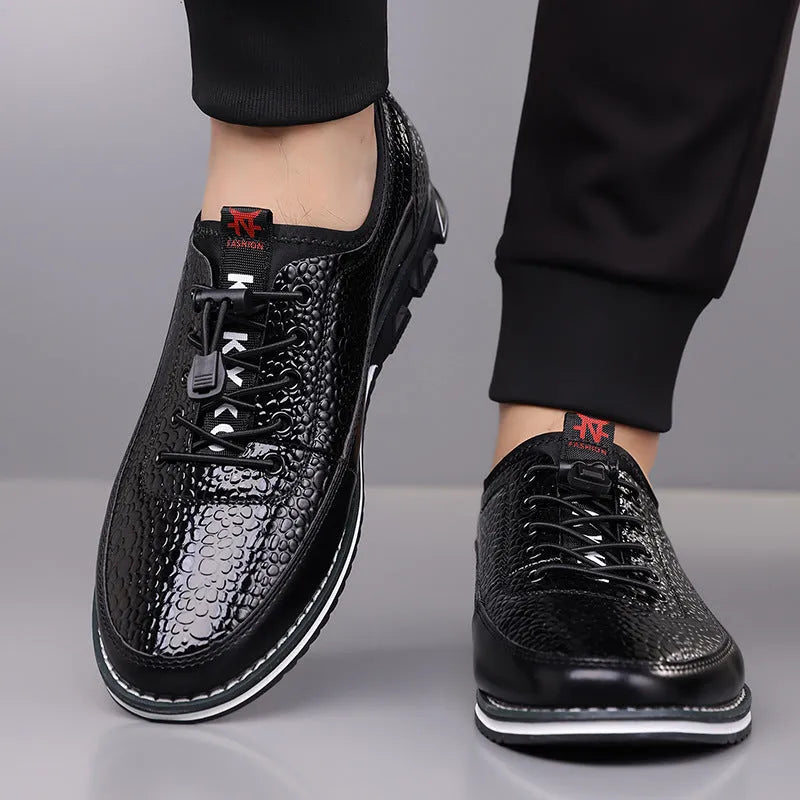 Men's fashion casual one pedal loafer in black artificial PU with rubber sole and flat heel
