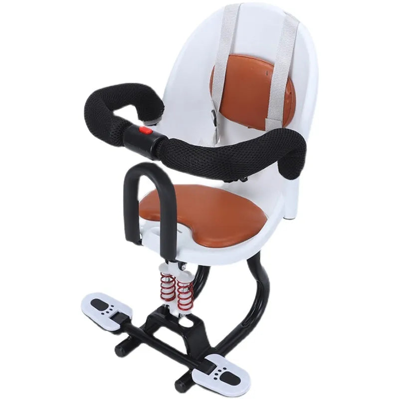 Front seat for children attached to a baby battery scooter, shown in black, red, and white colour options.