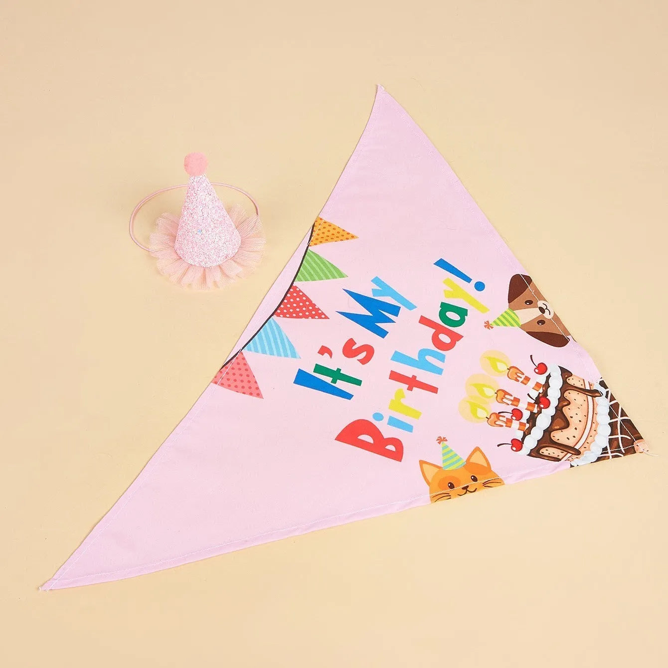 Cartoon printed dog birthday hat and drool towel set in polyester
