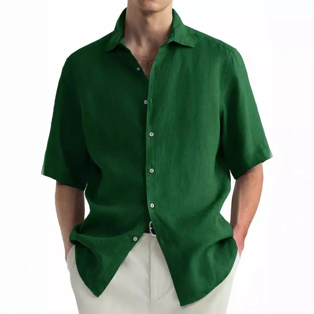 Men's green pure cotton casual cardigan shirt laid flat, showing button front and regular fit.