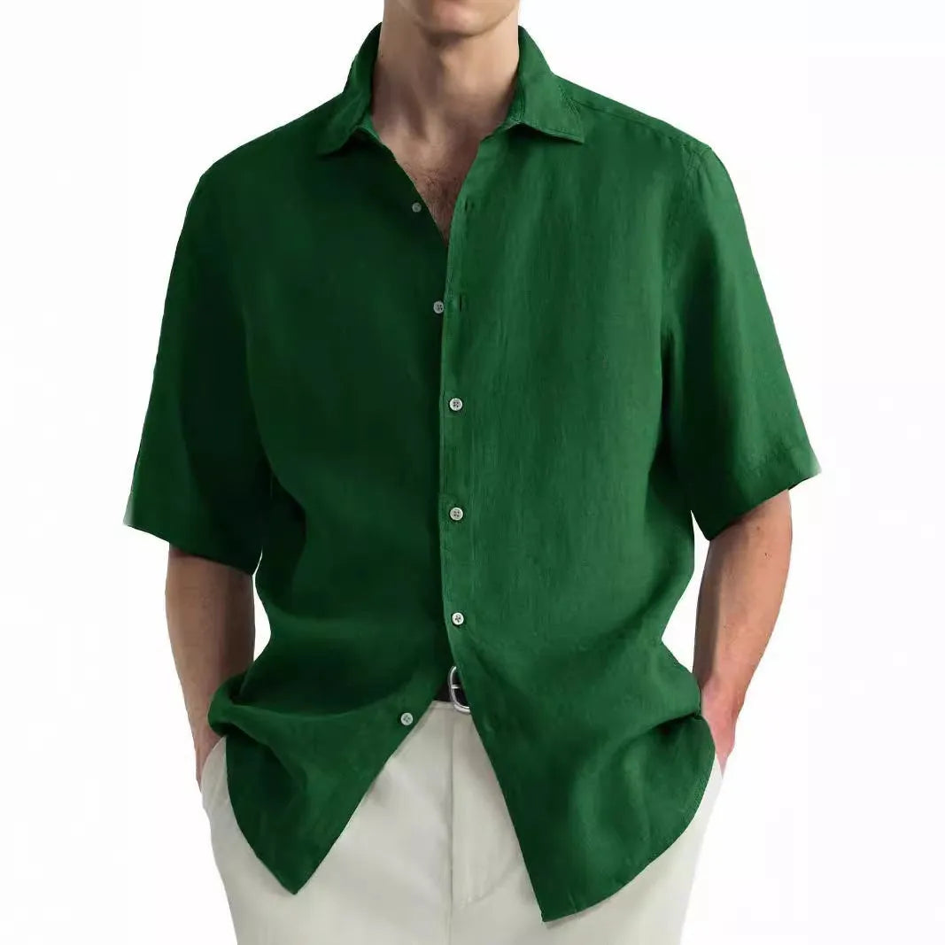 Men's green pure cotton casual cardigan shirt laid flat, showing button front and regular fit.