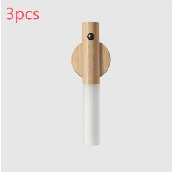 Auto LED USB magnetic wood night light with PIR motion sensor on wall, warm light