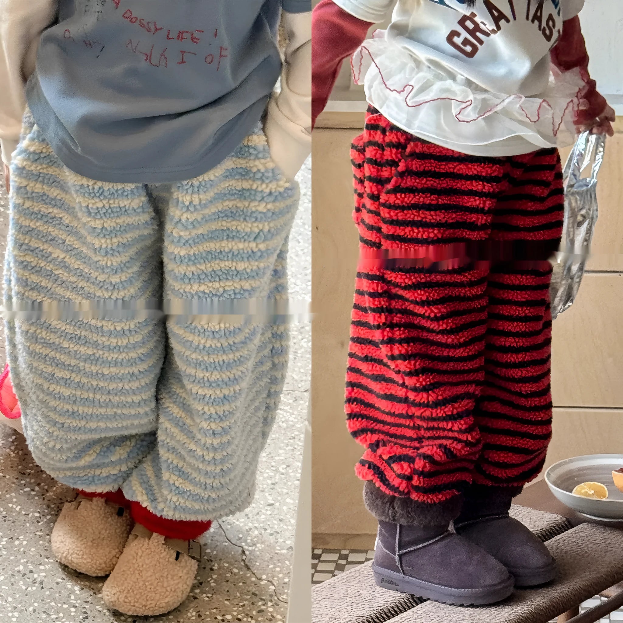 Children's unisex fleece-lined high-waist harem pants in creamy blue stripes with elastic waistband for winter