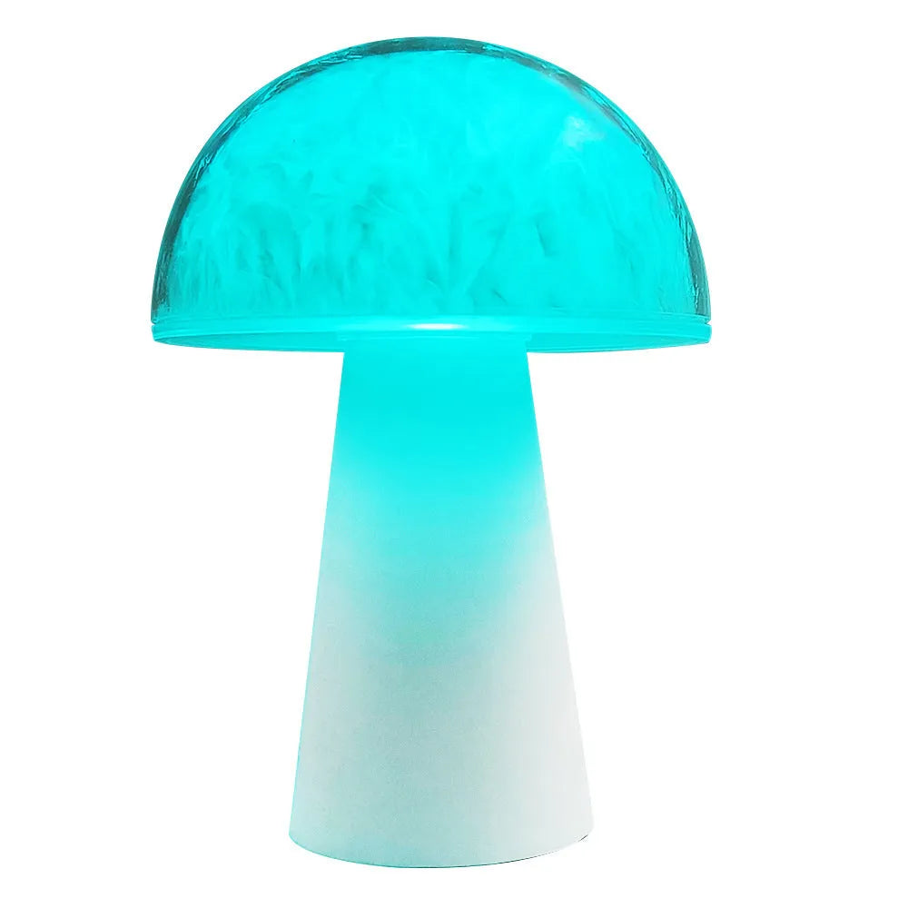 Mushroom-shaped RGB night light with remote control on wooden surface
