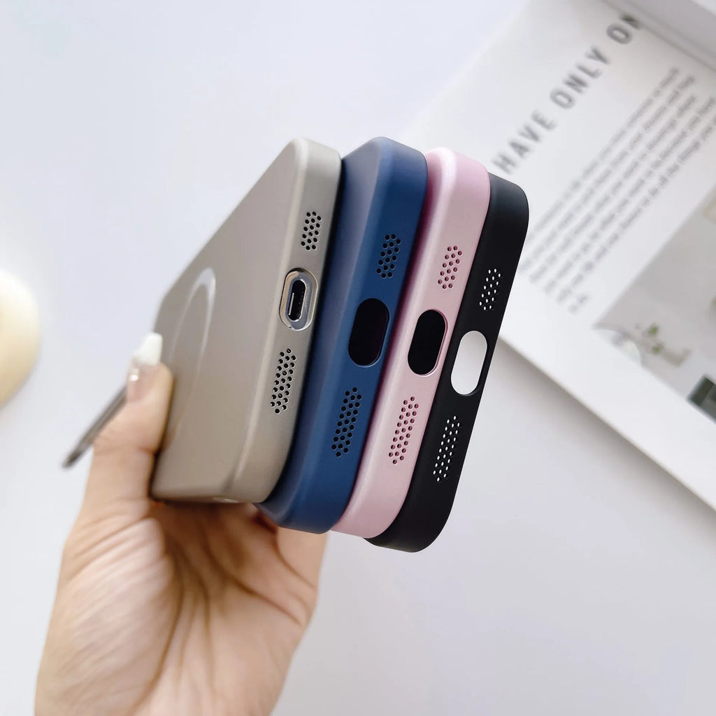 Frosted magnetic phone case with lens protector for iPhone 14 or 15 in Black, Gold, Navy, Pink