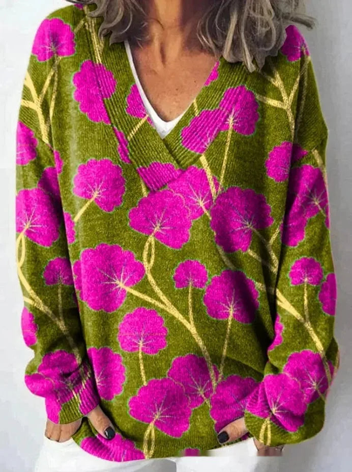 Women's floral printed sweatshirt with 3D pattern and V-neck design in art retro style