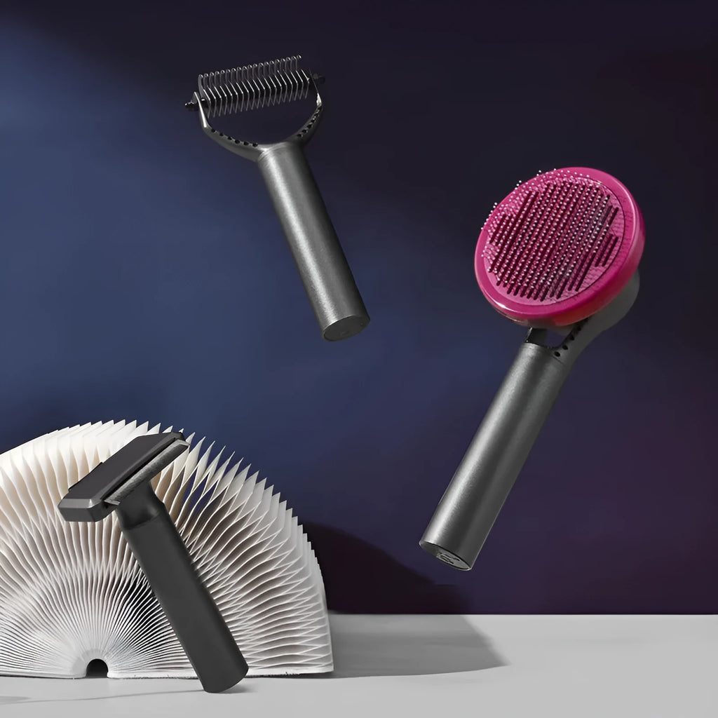 Pet grooming gift box set with AUS304 steel comb and brush for cats and dogs in matte black and noble purple