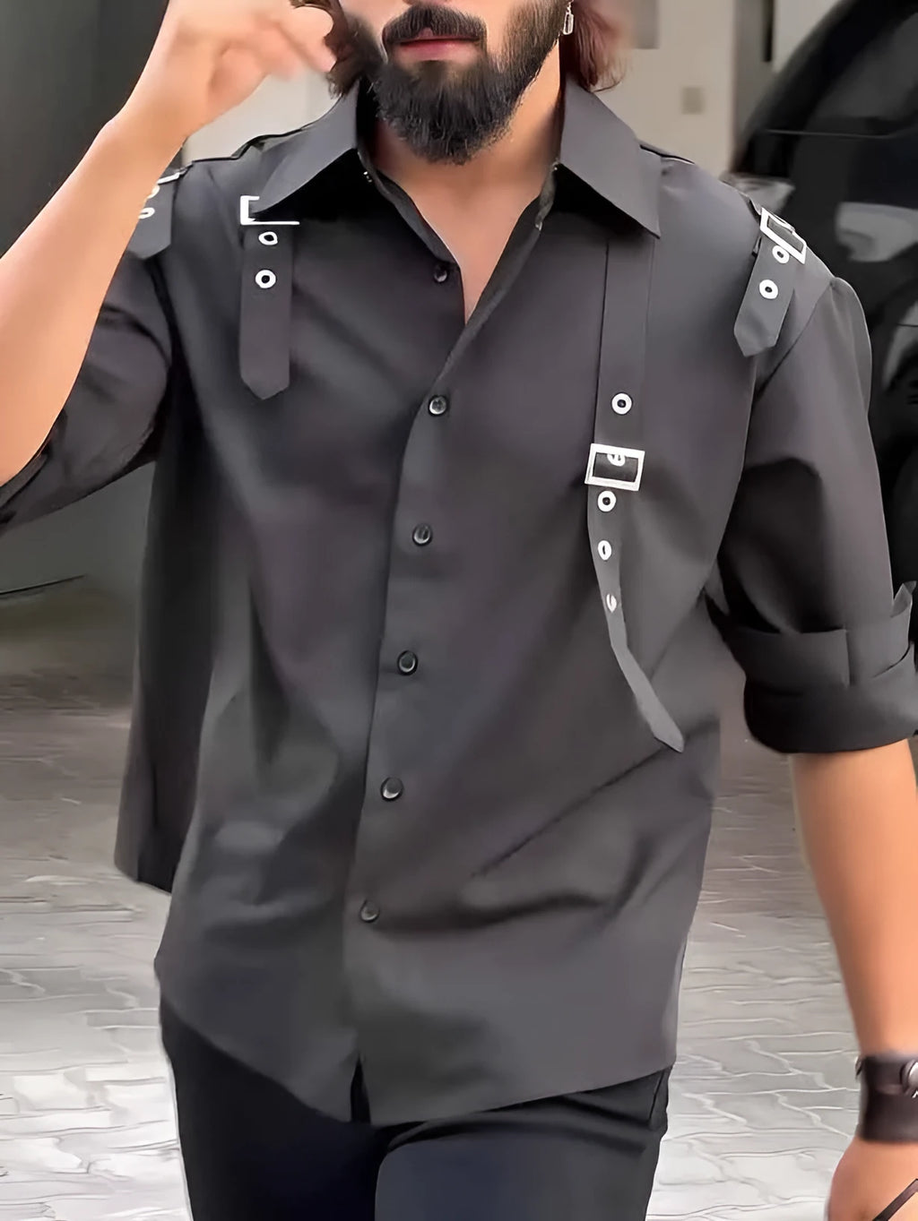 Men's black polyester button-up shirt with regular fit on a mannequin.