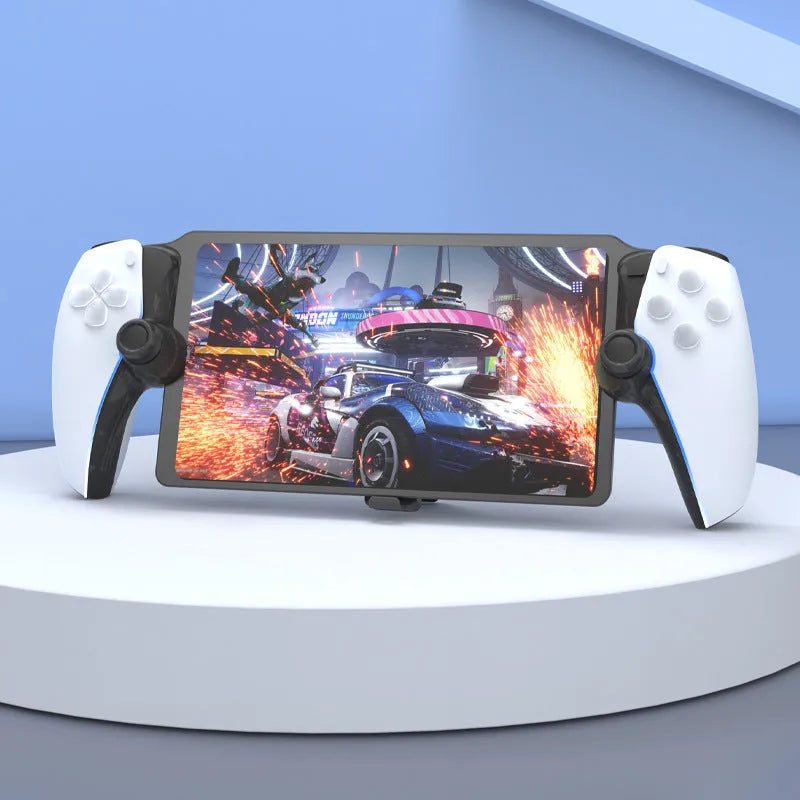 PS5 Portal charging base with RGB lamp, black, next to a PS5 Portal controller