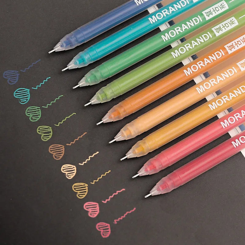 Set of nine retro-style gel pens with 0.5mm needle tips in plastic bodies arranged by colour series