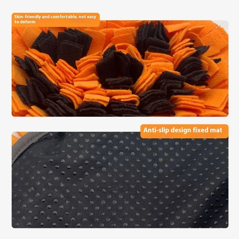 Orange pumpkin-shaped pet slow feeder mat with woollen pad on polar fleece.