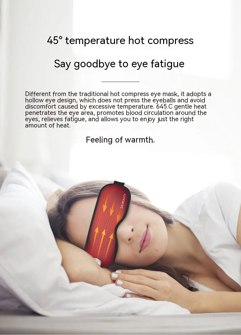 Lycra fabric steam sleep mask with USB charging cable and battery case on a flat surface