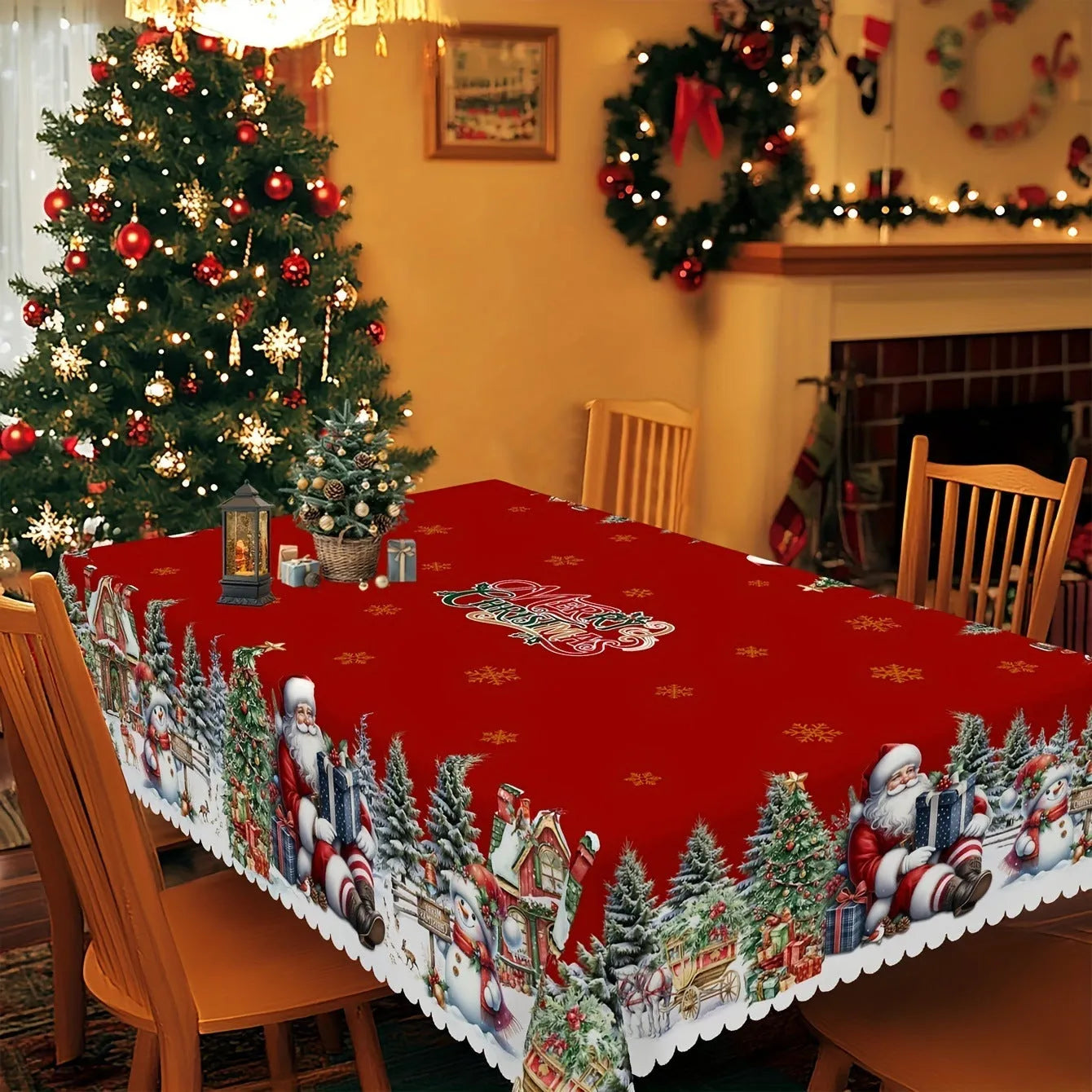 Round polyester Christmas tablecloth with snowflake and Santa print, 152cm diameter, non-slip and heat resistant