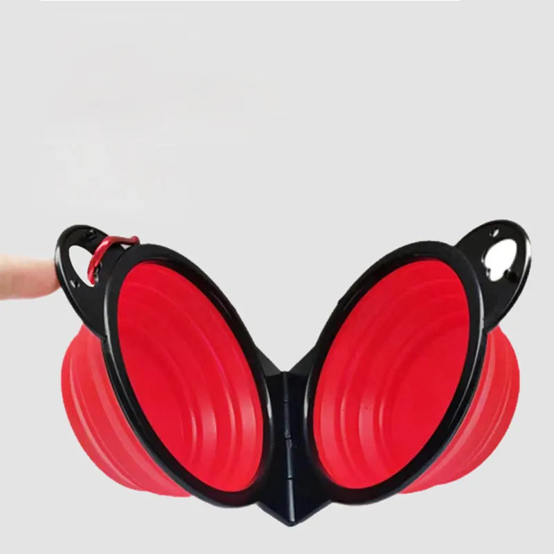 Blue silicone folding double pet bowl shown open for use and collapsed flat for storage.
