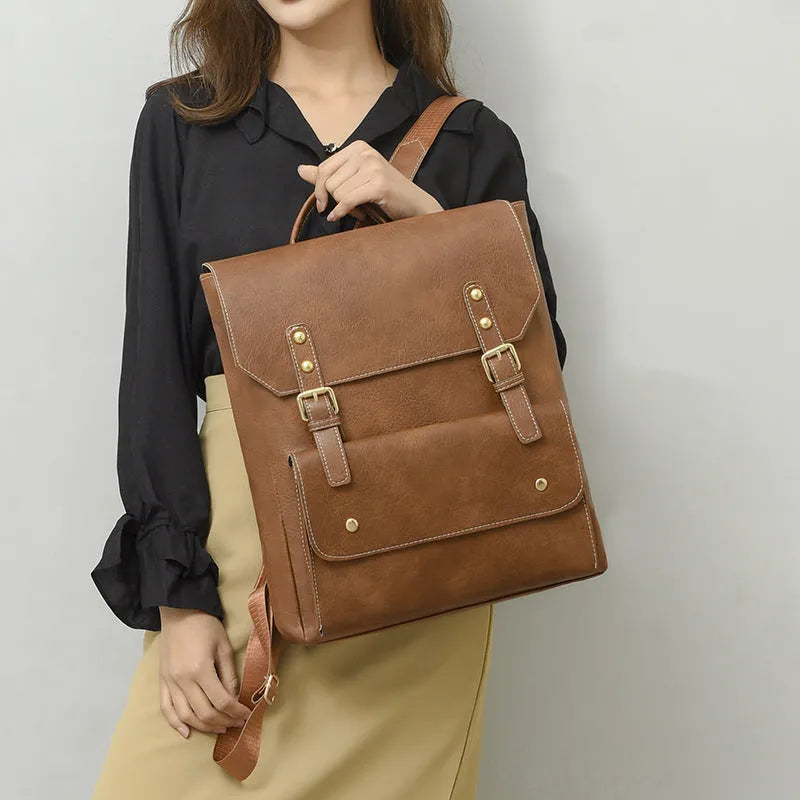 Korean retro style PU backpack in black showing soft construction and ventilation features