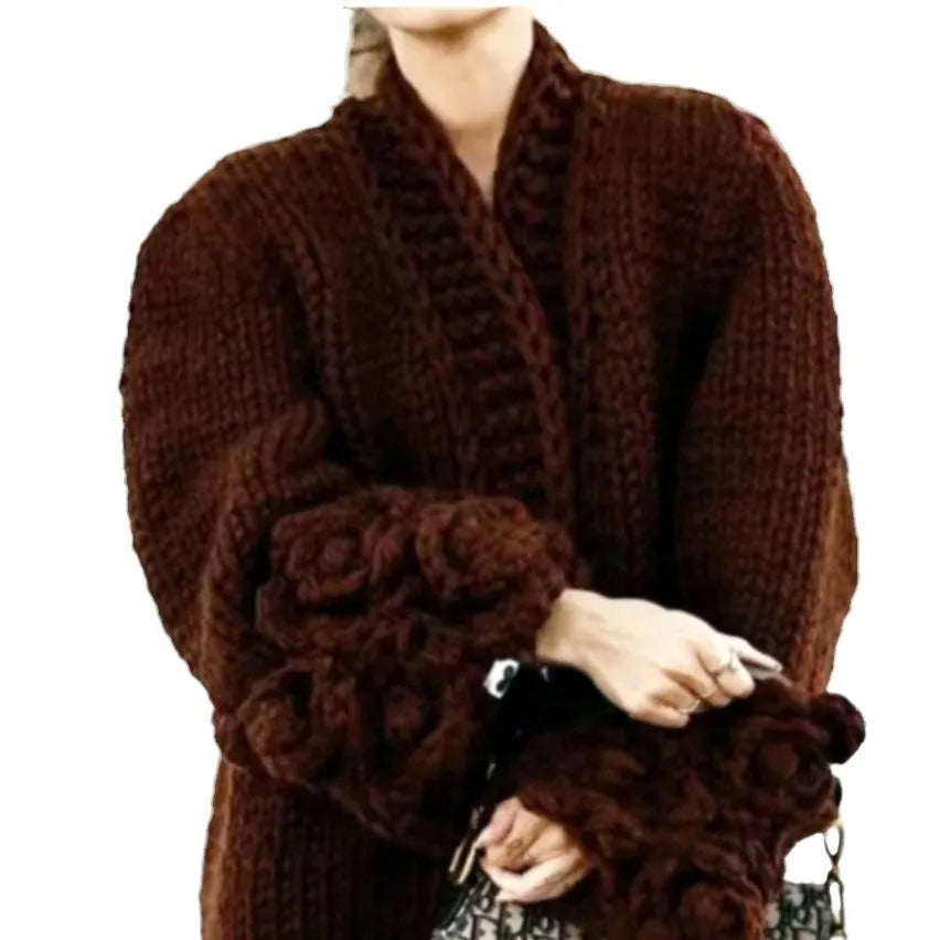 Long sleeve women's cardigan with petal flower sleeves, coarse knit, trueran fabric, available in 5 colours