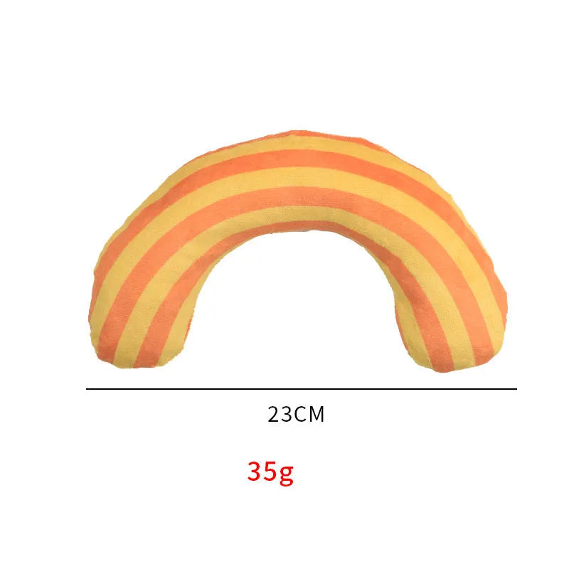 Set of cat toys including a noise maker with catnip and a green, rainbow, or yellow striped pillow.