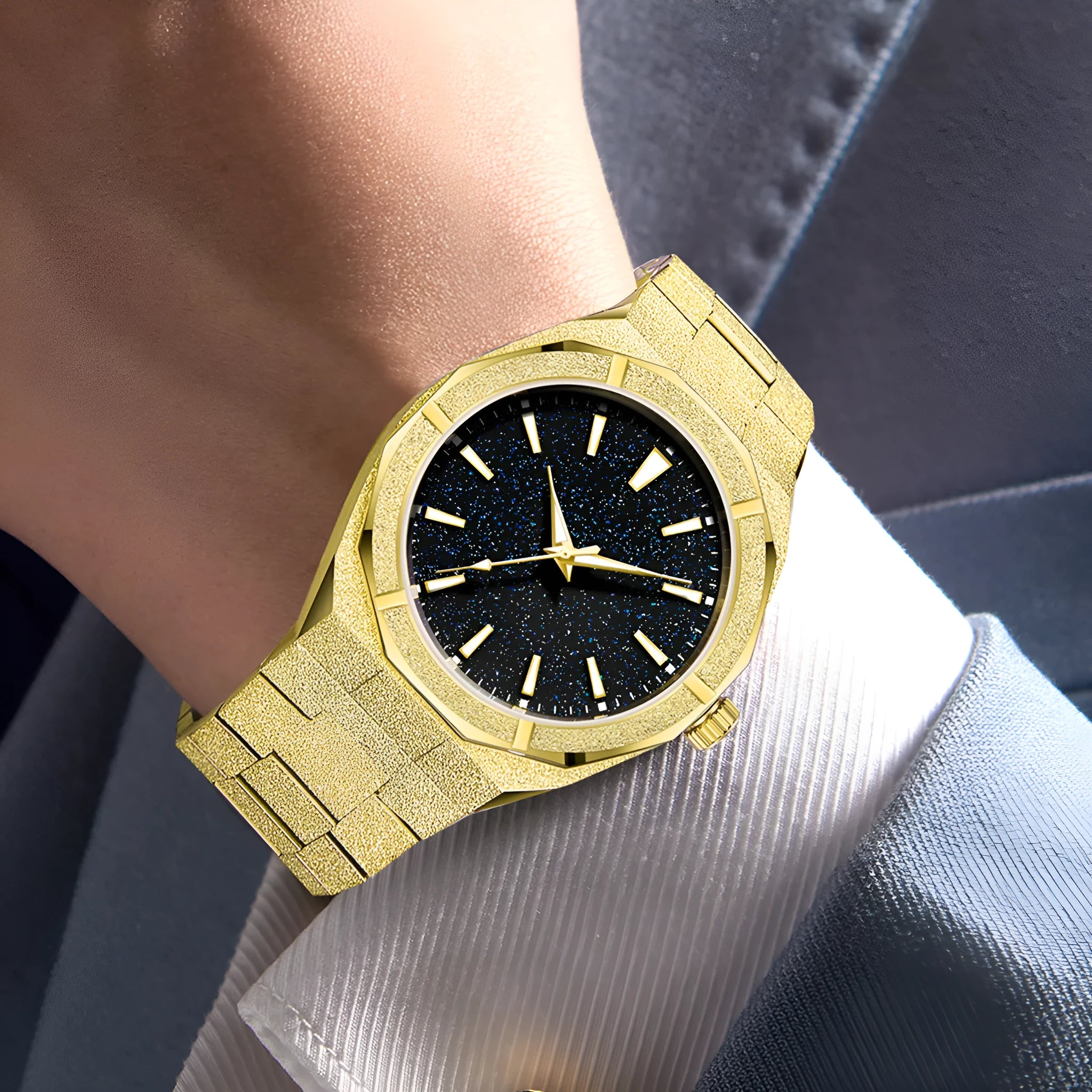 Men's business watch with stainless steel frosted case and luminous hands in silver, gold or black