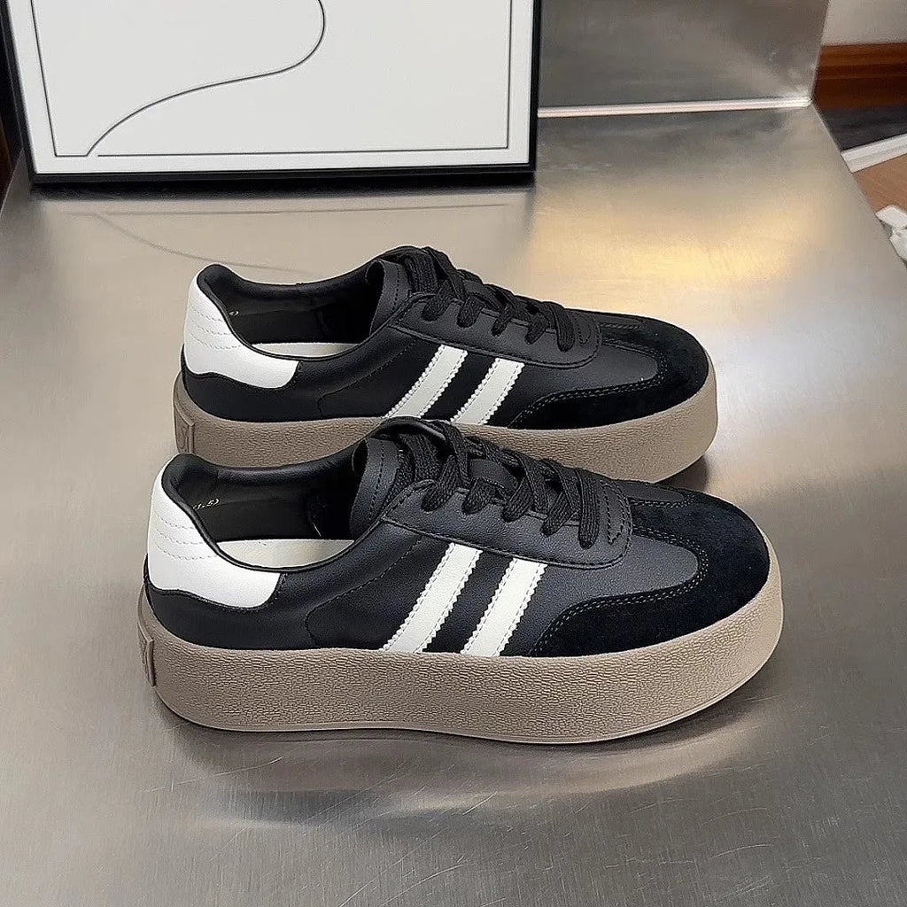Women's vintage distressed leather sneakers with round toe and lace-up design in beige and black colour options