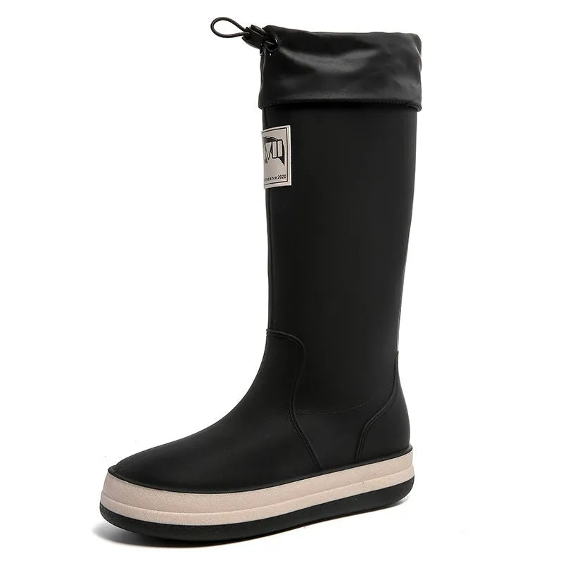 Couple Platform high tube waterproof PVC rain boots in black, green, beige, or red colours.