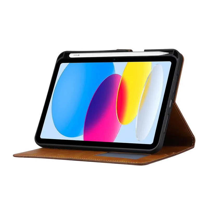 Classic black imitation leather flip cover for an Apple iPad, shown in a business style.