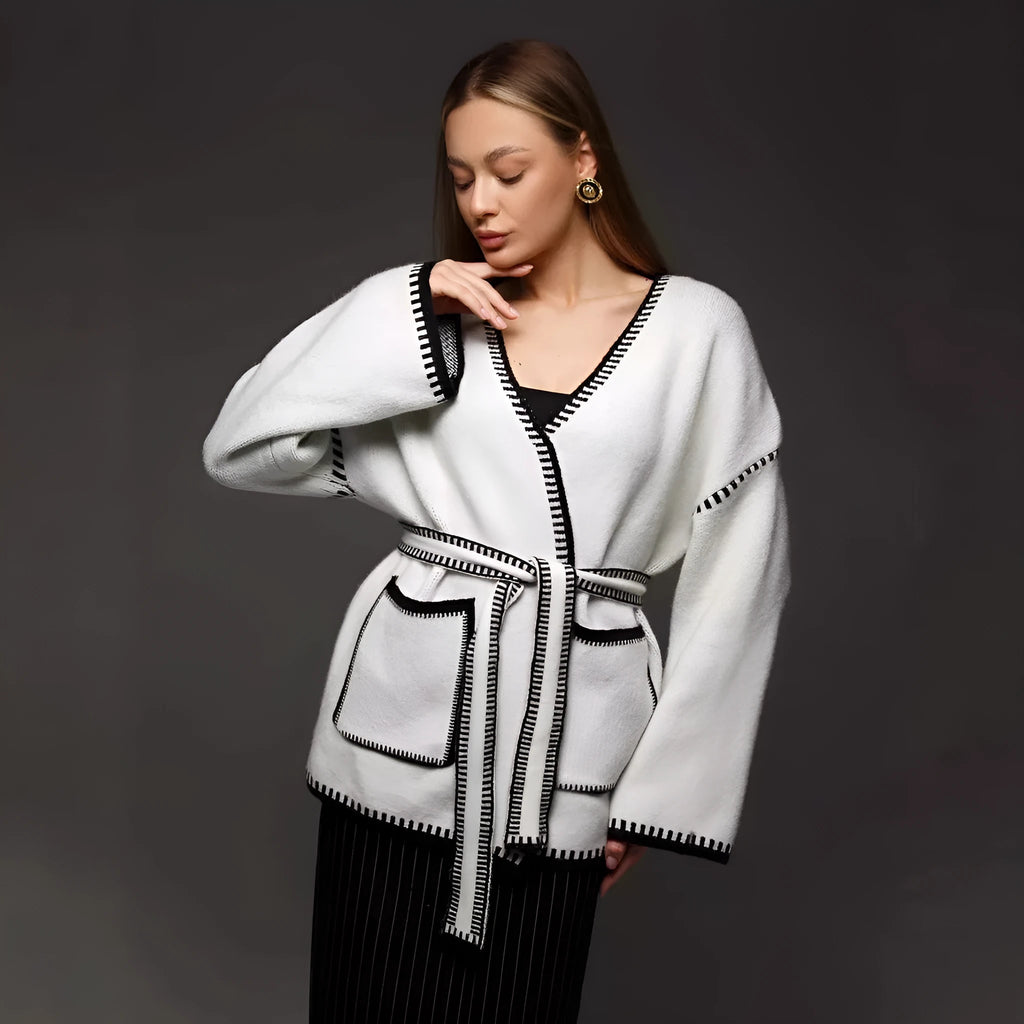Loose knitted cardigan sweater coat with lace-up front detail in camel colour