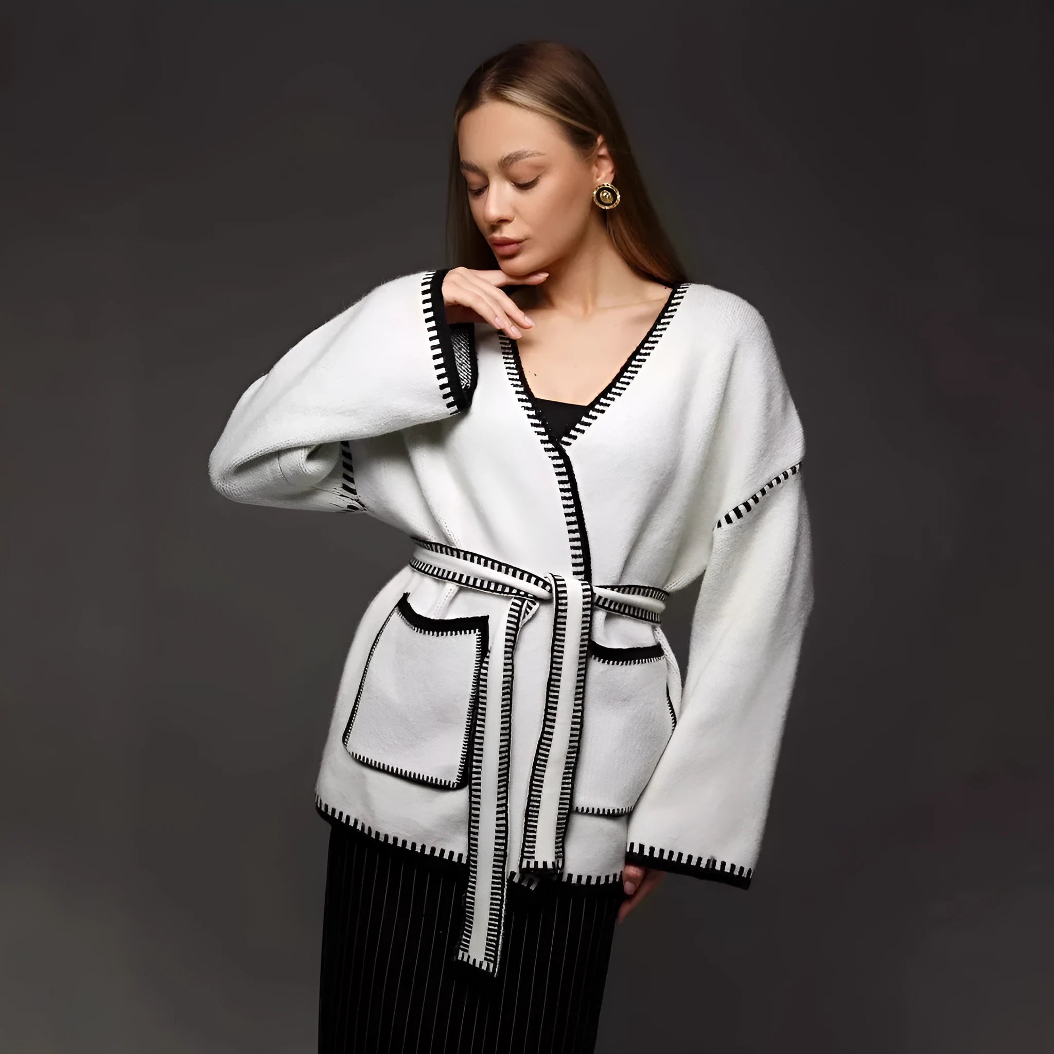 Loose knitted cardigan sweater coat with lace-up front detail in camel colour